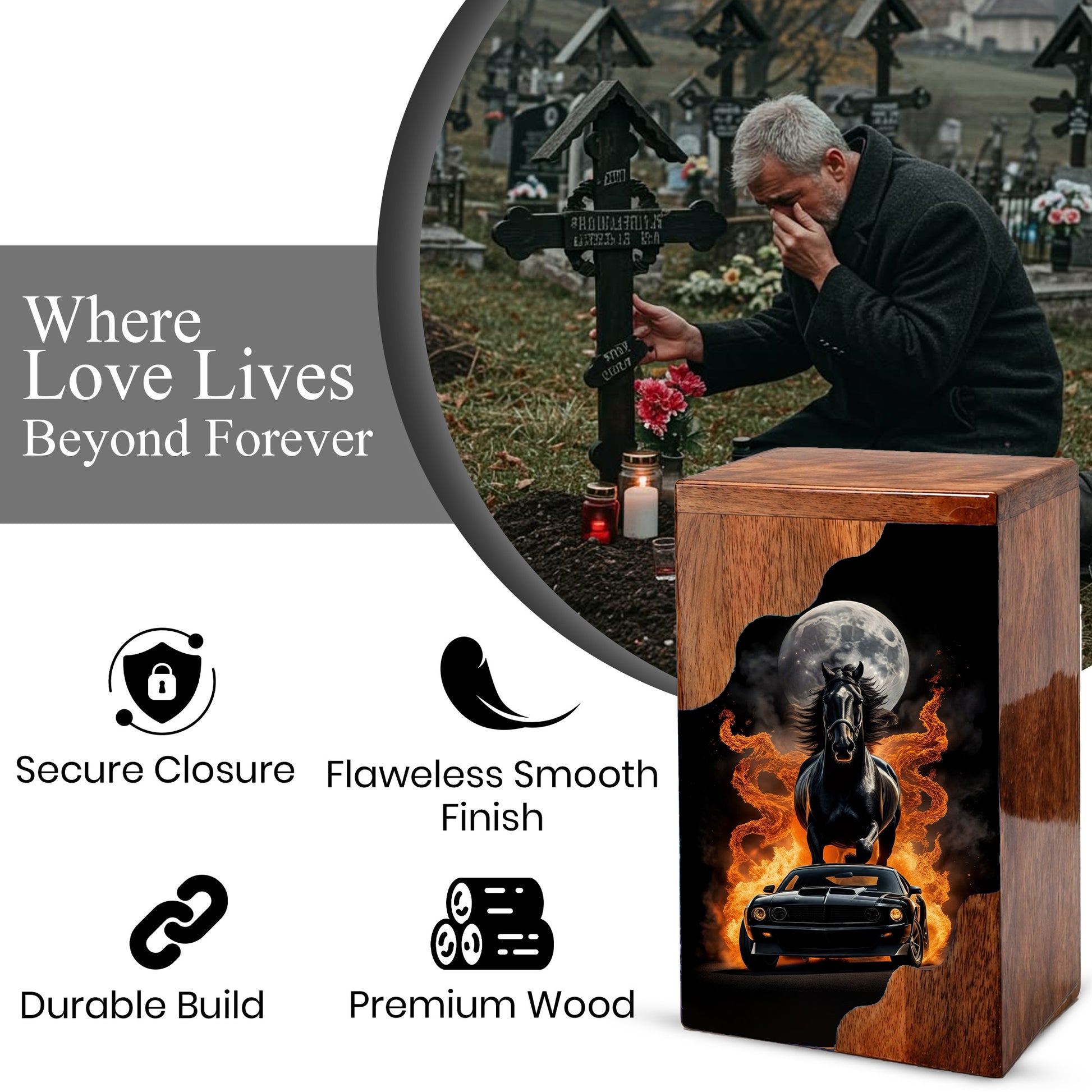 Horse & Muscle Car Wooden Cremation Urn – Custom Memorial Urn with Moonlit Horse and Classic Car Artwork