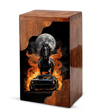 Horse & Muscle Car Wooden Cremation Urn – Custom Memorial Urn with Moonlit Horse and Classic Car Artwork