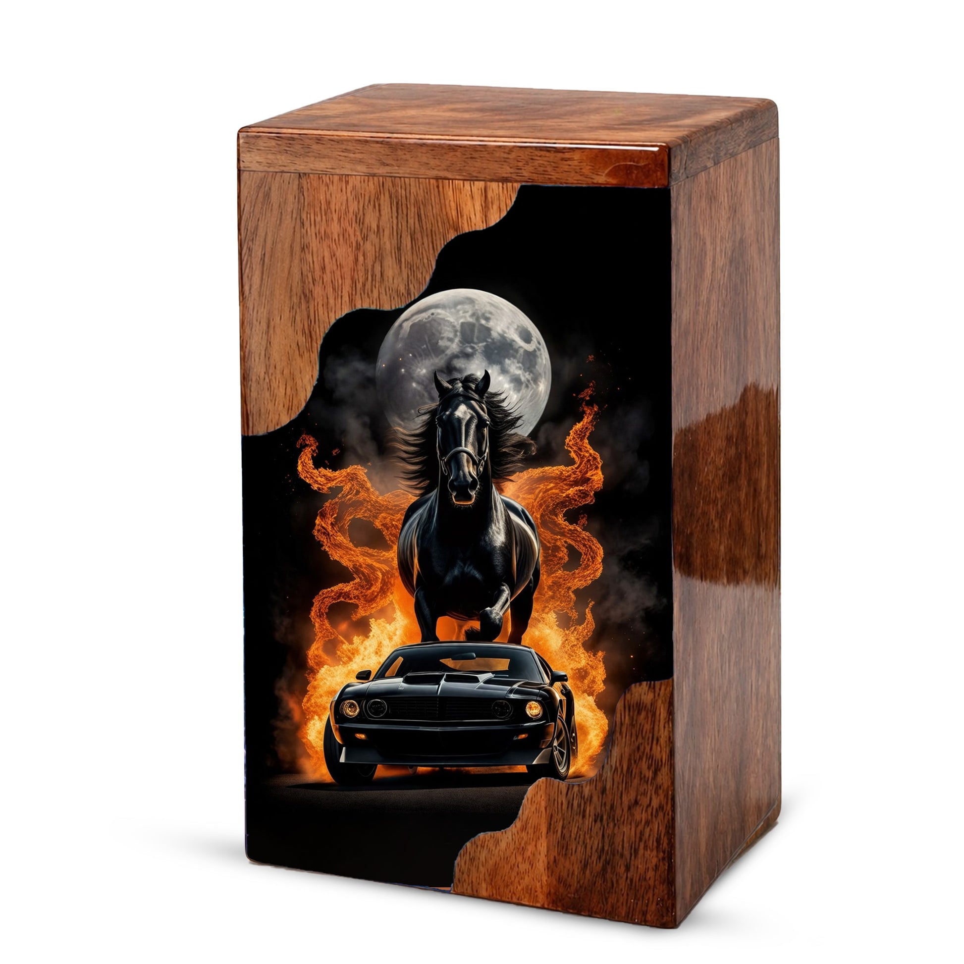 Horse & Muscle Car Wooden Cremation Urn – Custom Memorial Urn with Moonlit Horse and Classic Car Artwork