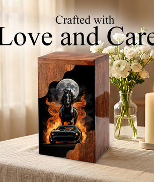 Horse & Muscle Car Wooden Cremation Urn – Custom Memorial Urn with Moonlit Horse and Classic Car Artwork