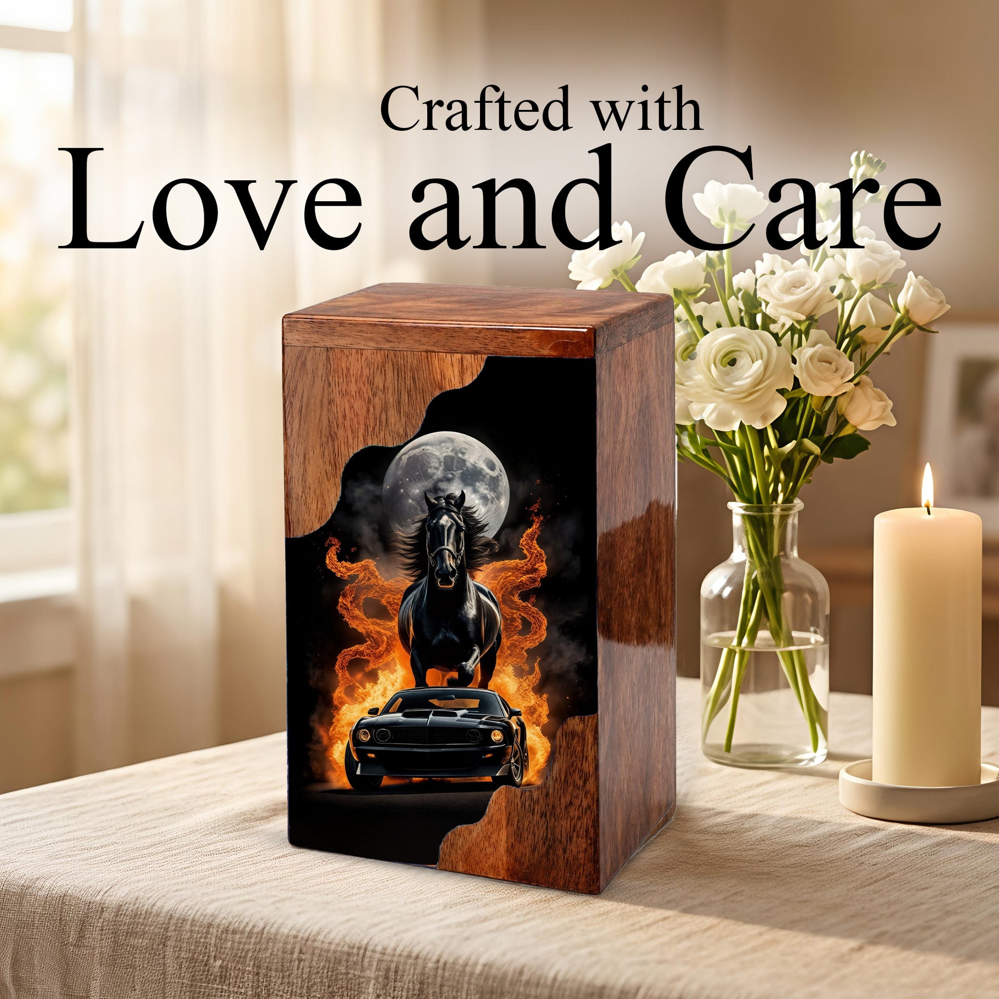 Horse & Muscle Car Wooden Cremation Urn – Custom Memorial Urn with Moonlit Horse and Classic Car Artwork