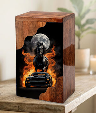 Horse & Muscle Car Wooden Cremation Urn – Custom Memorial Urn with Moonlit Horse and Classic Car Artwork