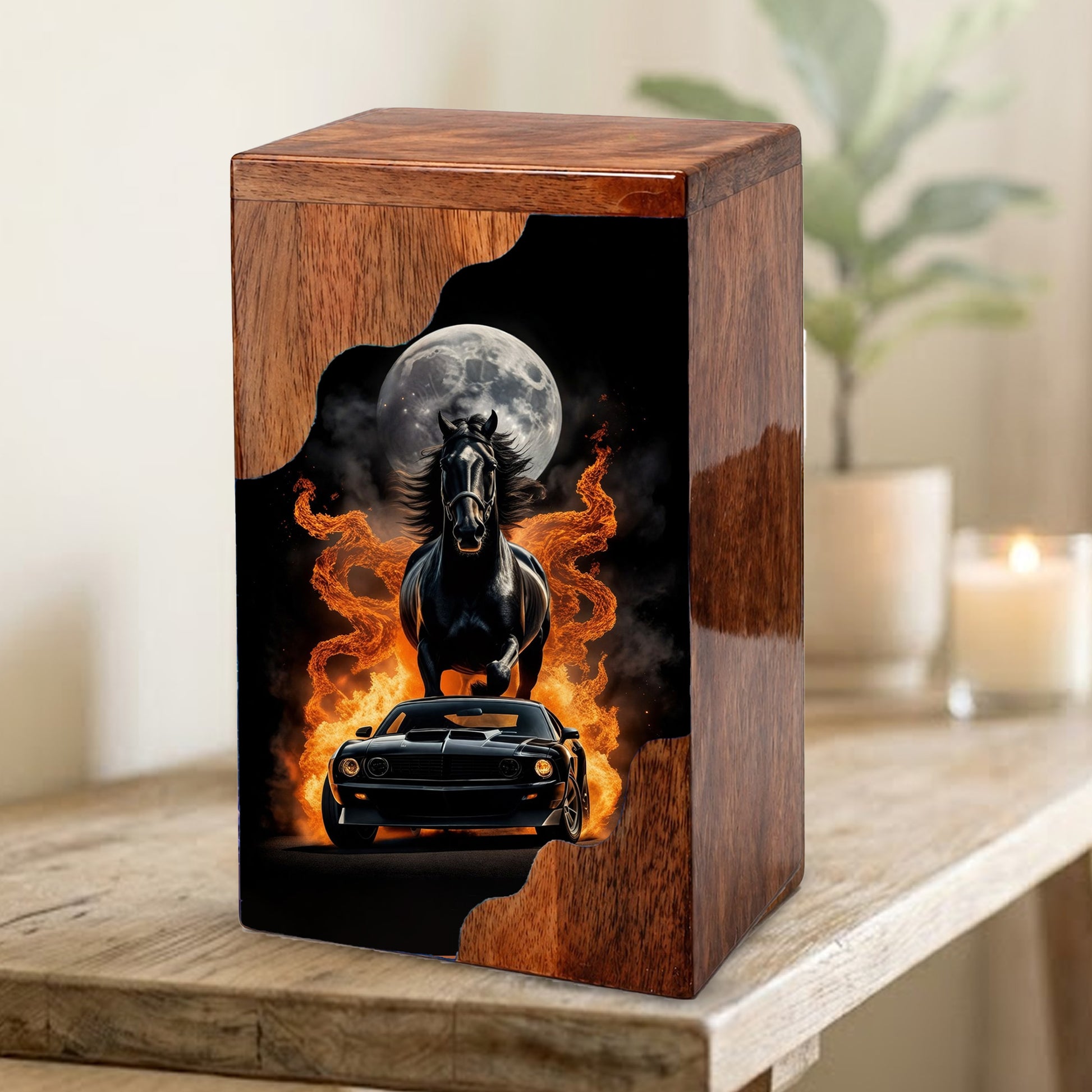 Horse & Muscle Car Wooden Cremation Urn – Custom Memorial Urn with Moonlit Horse and Classic Car Artwork