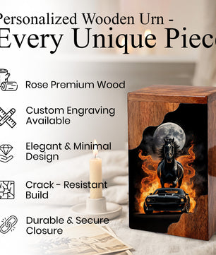 Horse & Muscle Car Wooden Cremation Urn – Custom Memorial Urn with Moonlit Horse and Classic Car Artwork