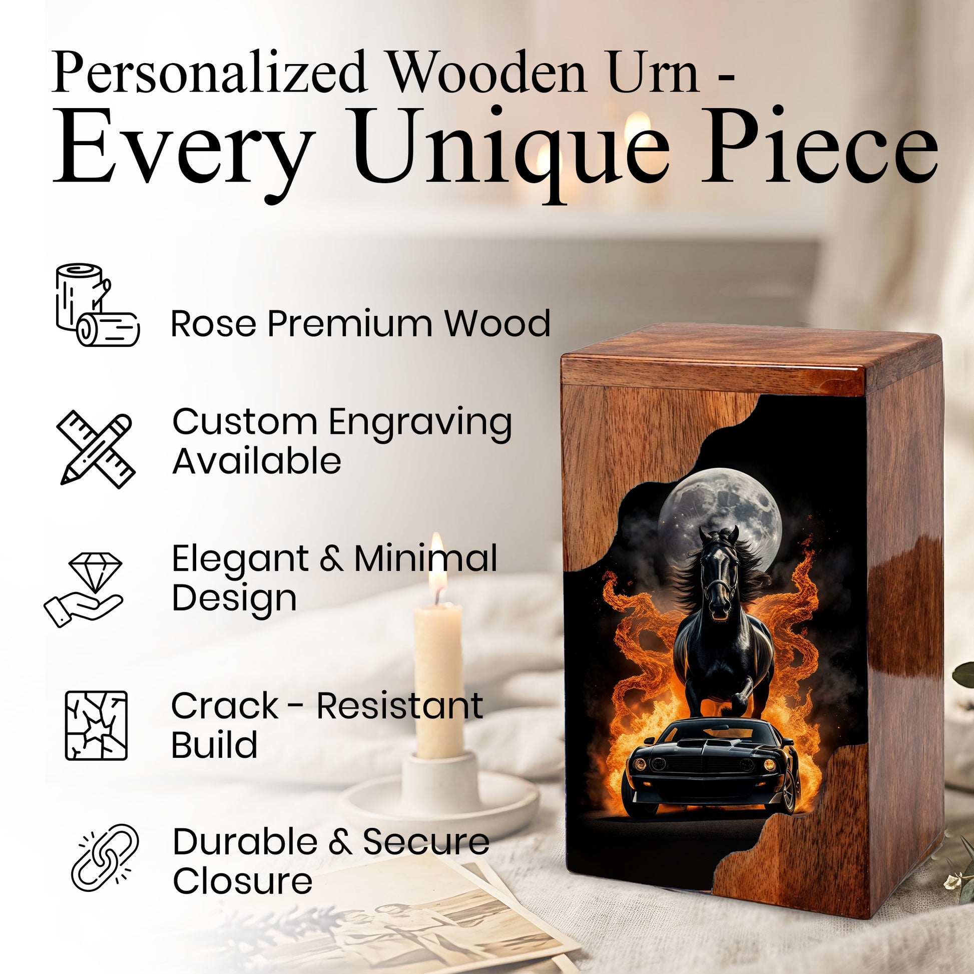 Horse & Muscle Car Wooden Cremation Urn – Custom Memorial Urn with Moonlit Horse and Classic Car Artwork