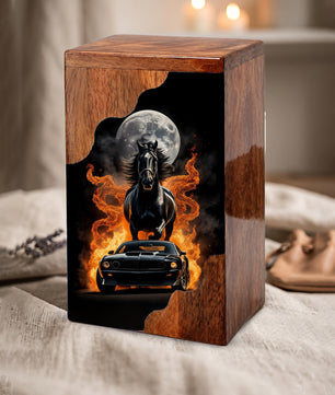 Horse & Muscle Car Wooden Cremation Urn – Custom Memorial Urn with Moonlit Horse and Classic Car Artwork