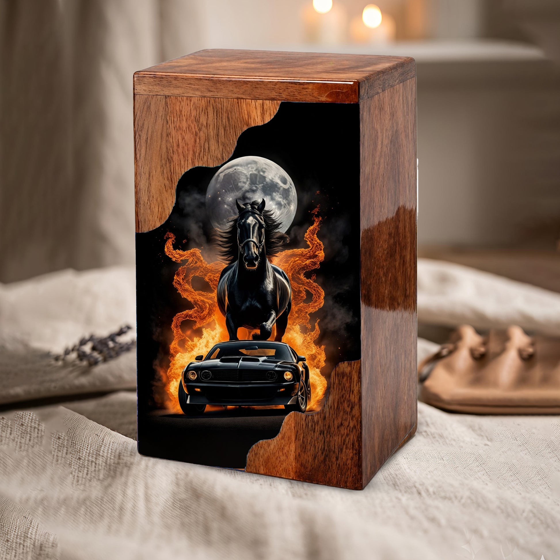 Horse & Muscle Car Wooden Cremation Urn – Custom Memorial Urn with Moonlit Horse and Classic Car Artwork