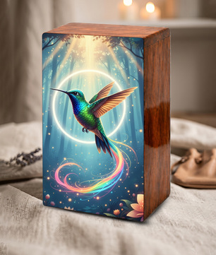 Green Hummingbird Wooden Urn for Ashes, Humming Bird Keepsake Urns