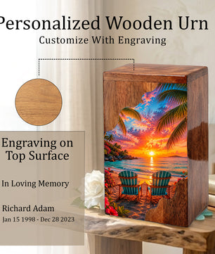Tropical Beach Wooden Cremation Urn – Sunset Ocean Memorial Urn with Coastal Chair Artwork