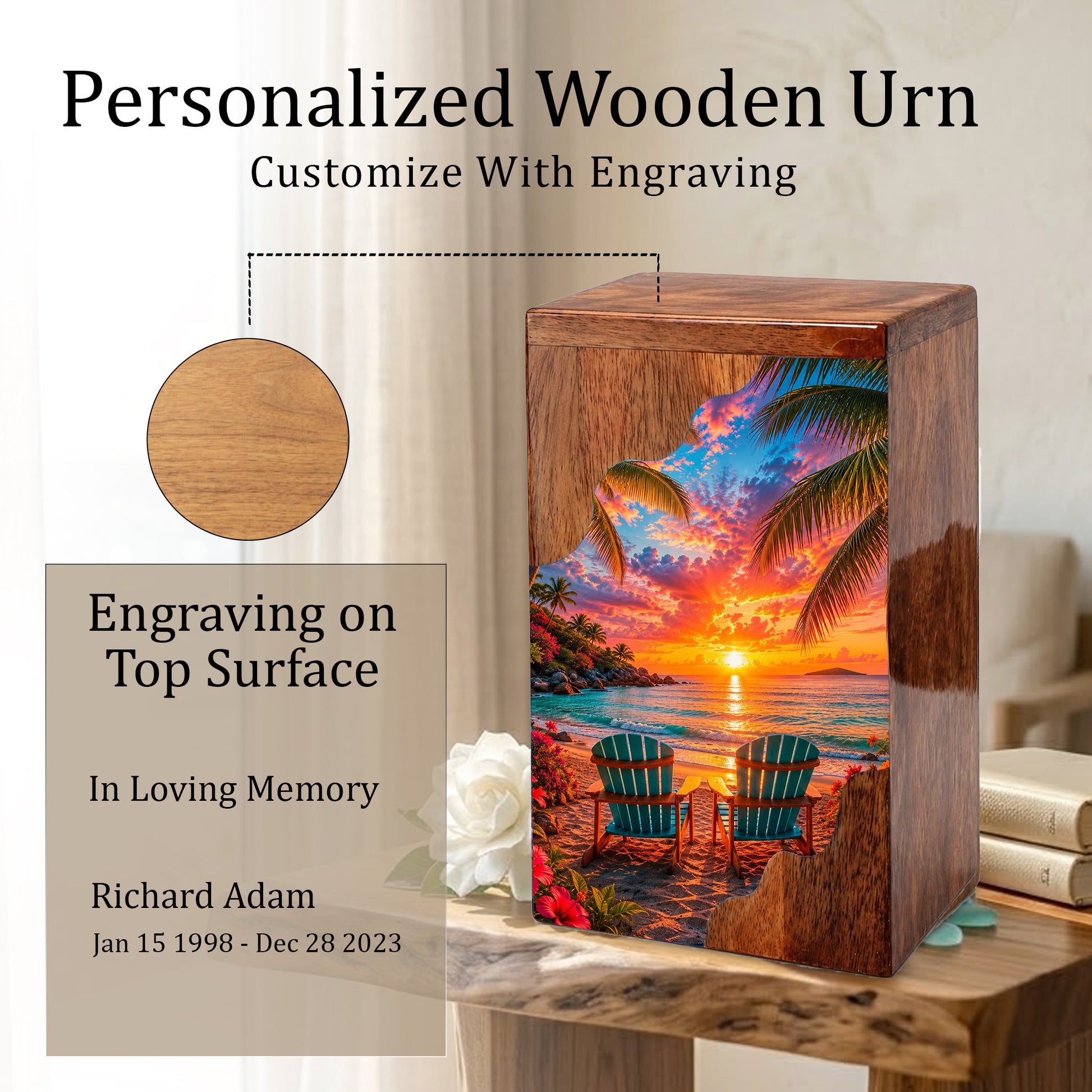 Tropical Beach Wooden Cremation Urn – Sunset Ocean Memorial Urn with Coastal Chair Artwork
