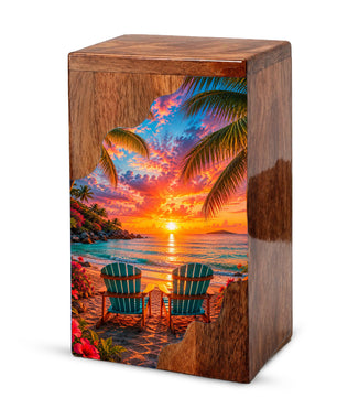 Tropical Beach Wooden Cremation Urn – Sunset Ocean Memorial Urn with Coastal Chair Artwork