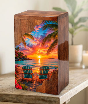 Tropical Beach Wooden Cremation Urn – Sunset Ocean Memorial Urn with Coastal Chair Artwork