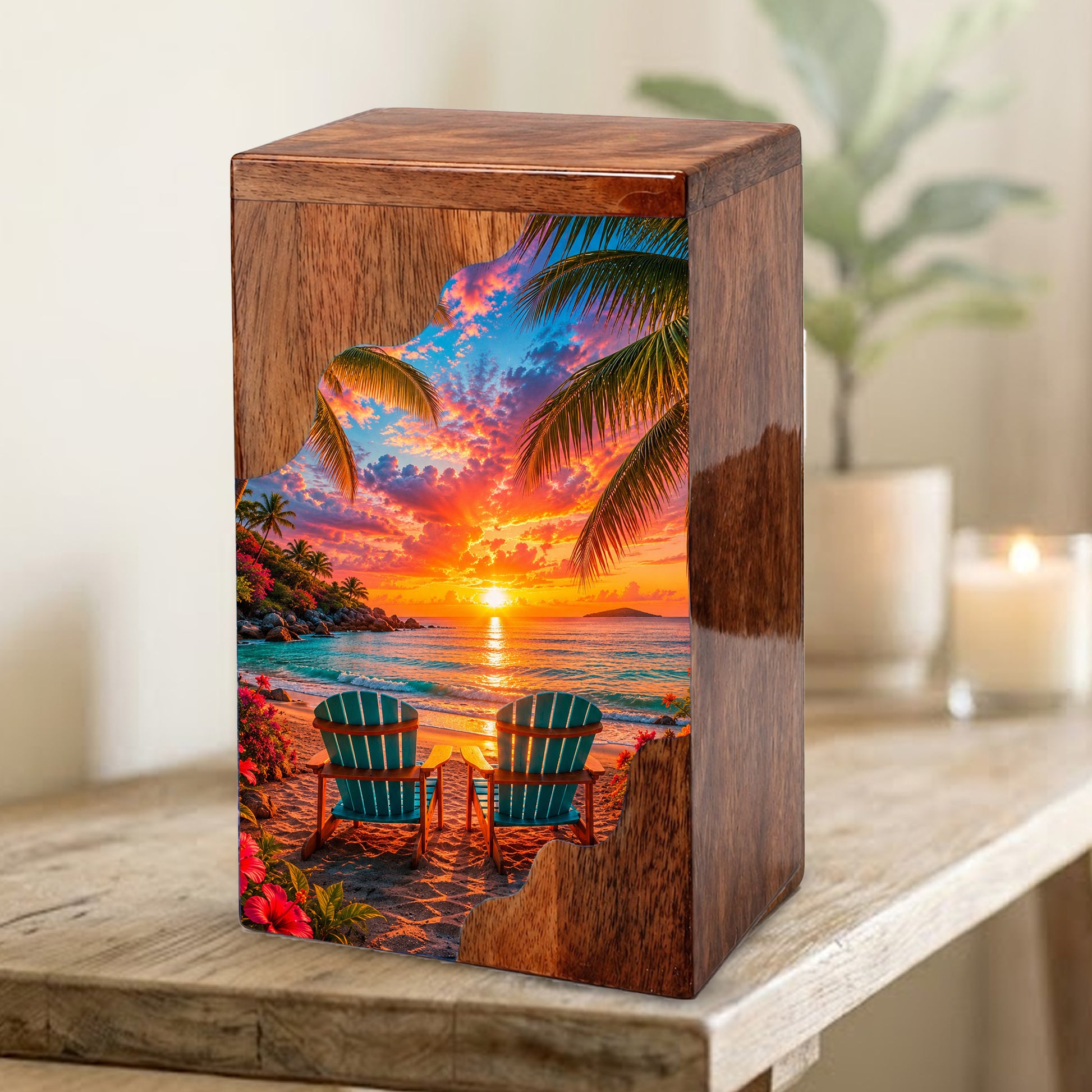 Tropical Beach Wooden Cremation Urn – Sunset Ocean Memorial Urn with Coastal Chair Artwork
