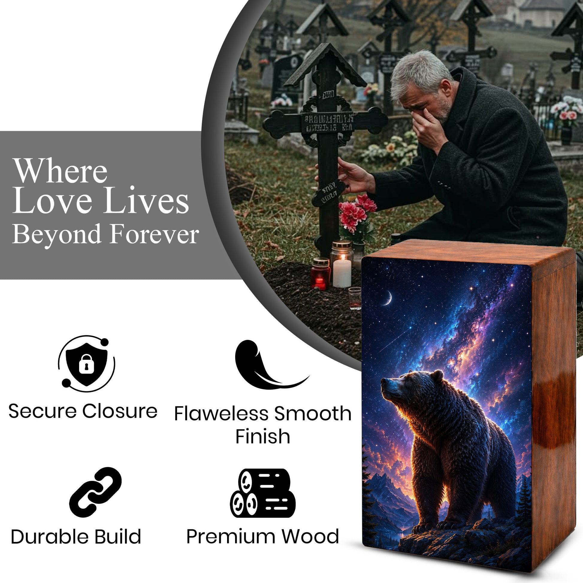 Bear Memorial Urn For Ashes Male - Cosmic Cremation Urns For Dad