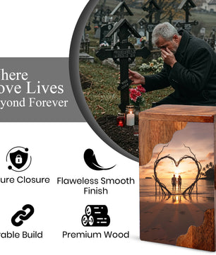 Wooden Cremation Urn – Romantic Sunset Memorial Urn Box for Human Ashes