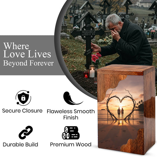 Wooden Cremation Urn – Romantic Sunset Memorial Urn Box for Human Ashes