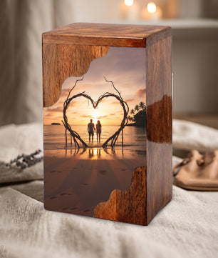 Wooden Cremation Urn – Romantic Sunset Memorial Urn Box for Human Ashes