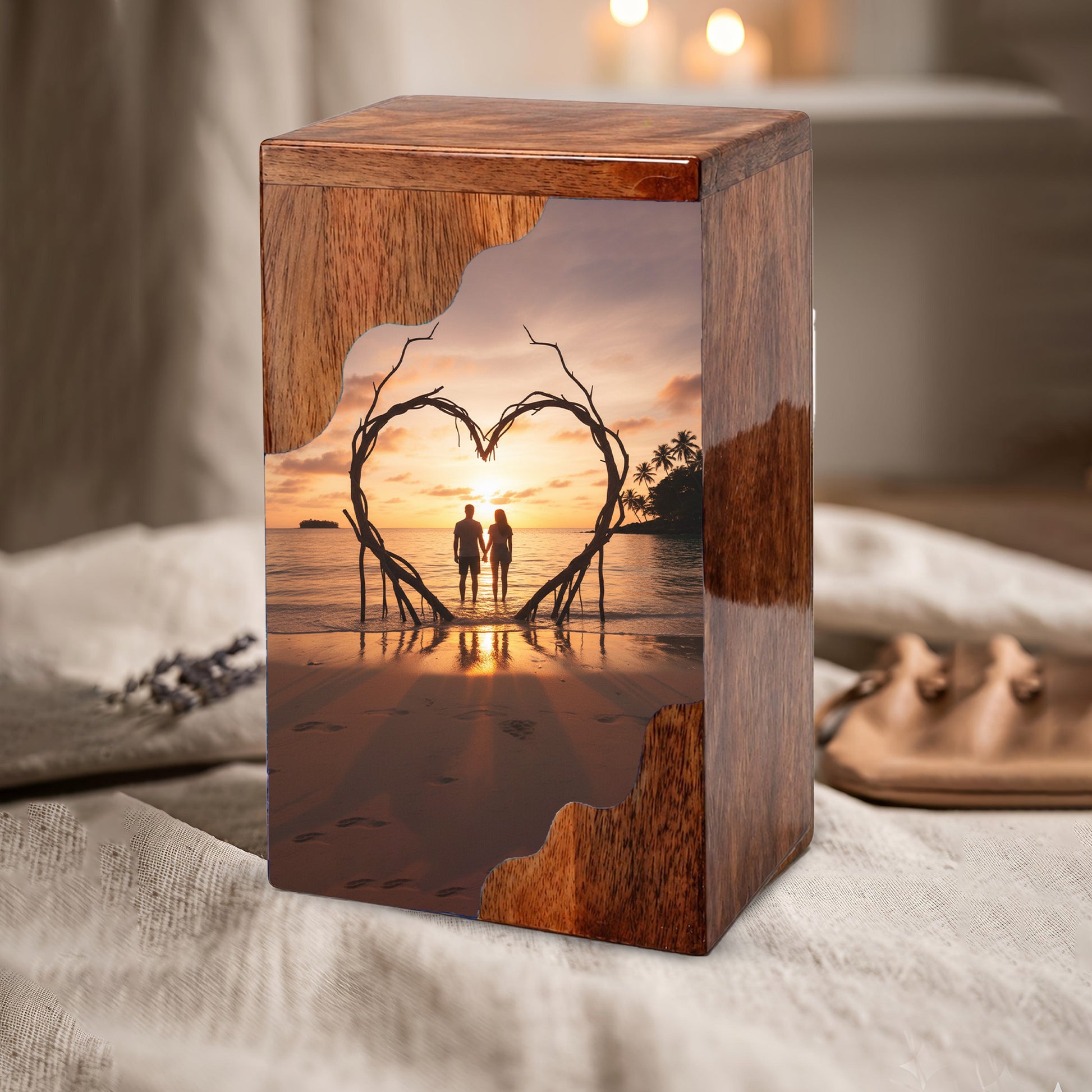 Wooden Cremation Urn – Romantic Sunset Memorial Urn Box for Human Ashes