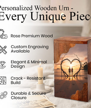 Wooden Cremation Urn – Romantic Sunset Memorial Urn Box for Human Ashes