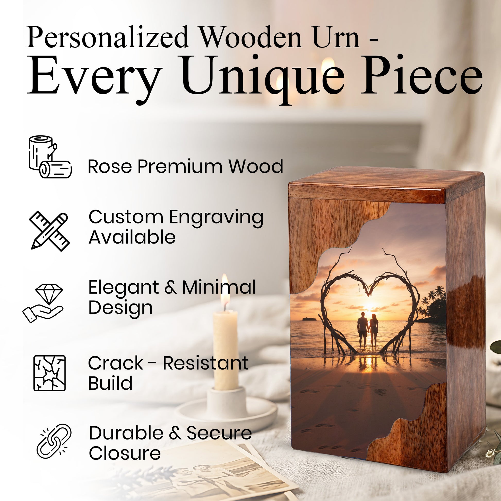Wooden Cremation Urn – Romantic Sunset Memorial Urn Box for Human Ashes