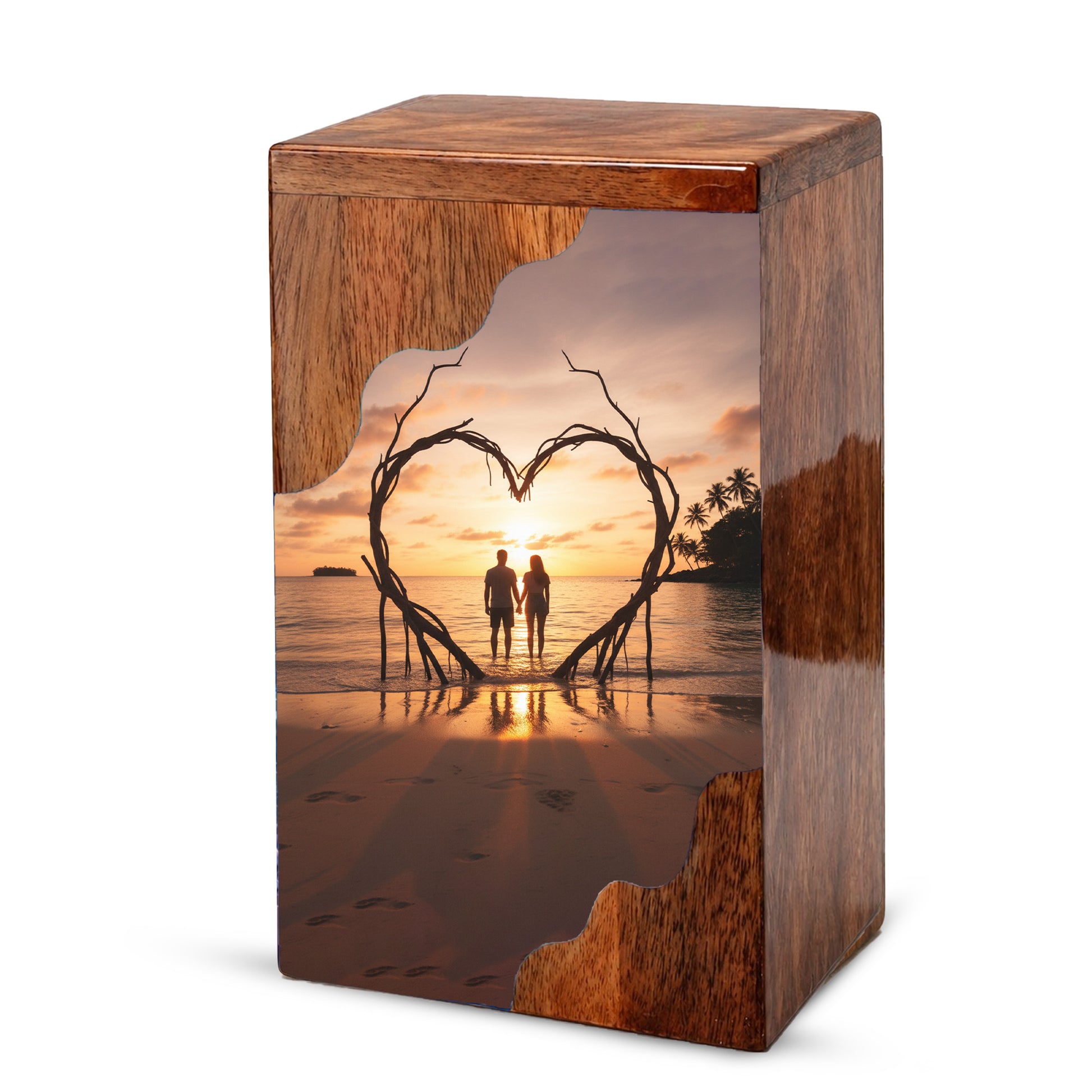 Wooden Cremation Urn – Romantic Sunset Memorial Urn Box for Human Ashes