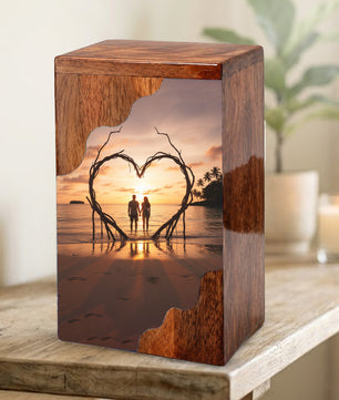 Wooden Cremation Urn – Romantic Sunset Memorial Urn Box for Human Ashes