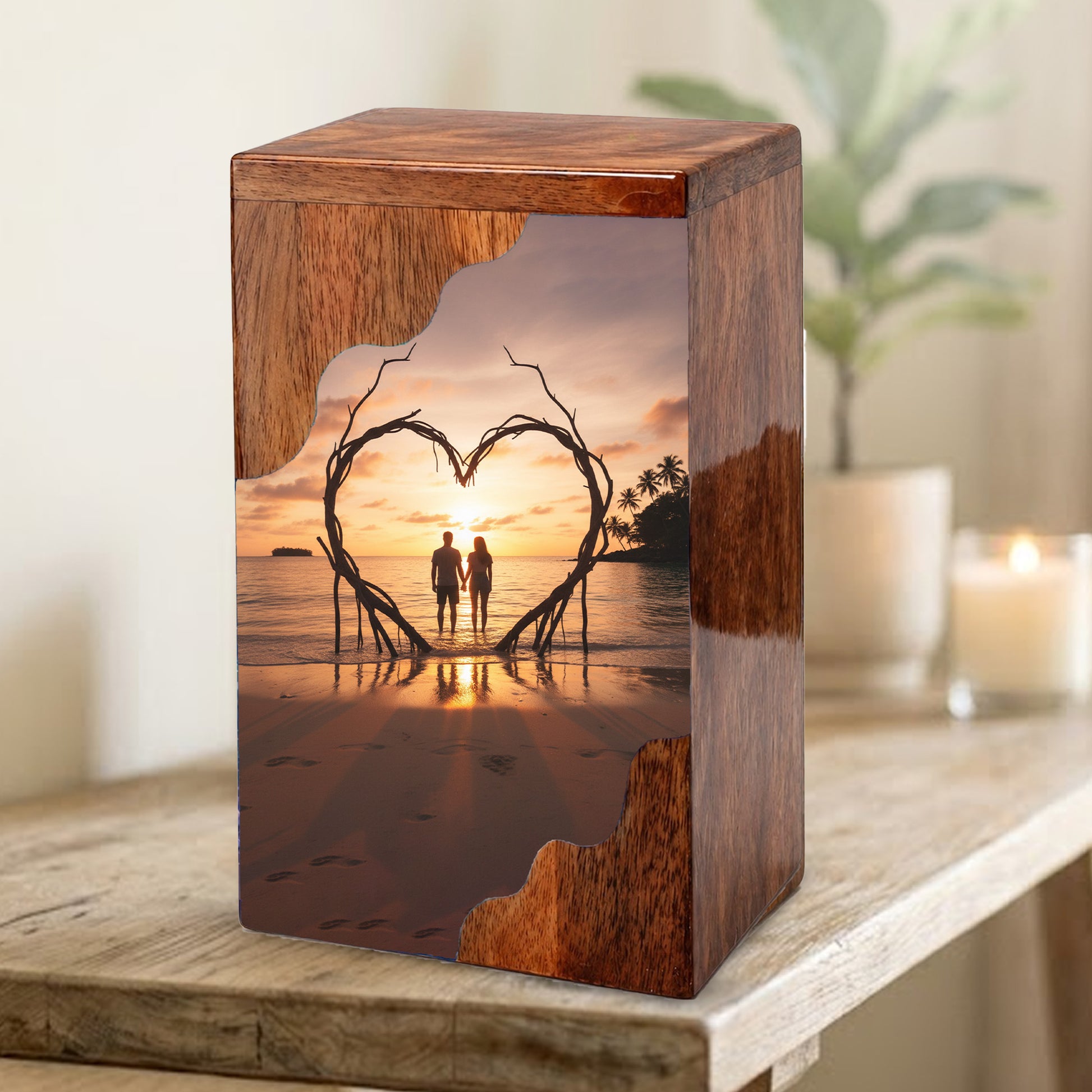 Wooden Cremation Urn – Romantic Sunset Memorial Urn Box for Human Ashes