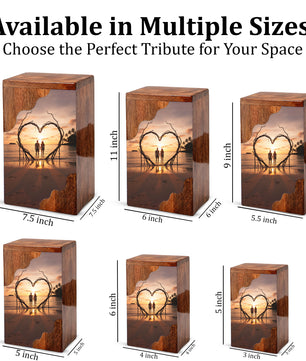 Wooden Cremation Urn – Romantic Sunset Memorial Urn Box for Human Ashes