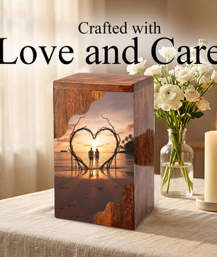 Wooden Cremation Urn – Romantic Sunset Memorial Urn Box for Human Ashes