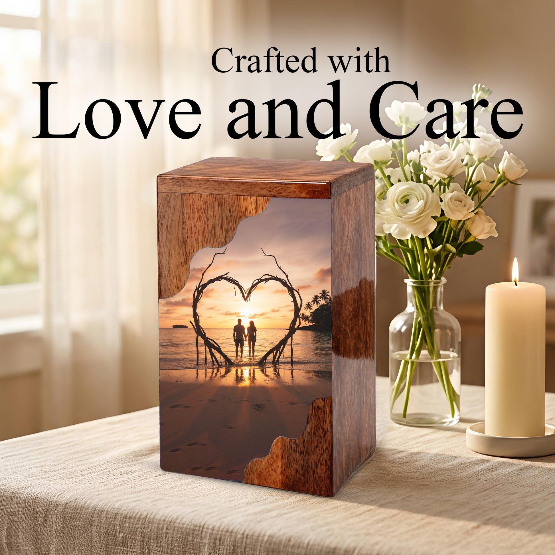 Wooden Cremation Urn – Romantic Sunset Memorial Urn Box for Human Ashes