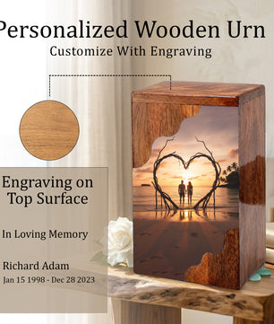 Wooden Cremation Urn – Romantic Sunset Memorial Urn Box for Human Ashes
