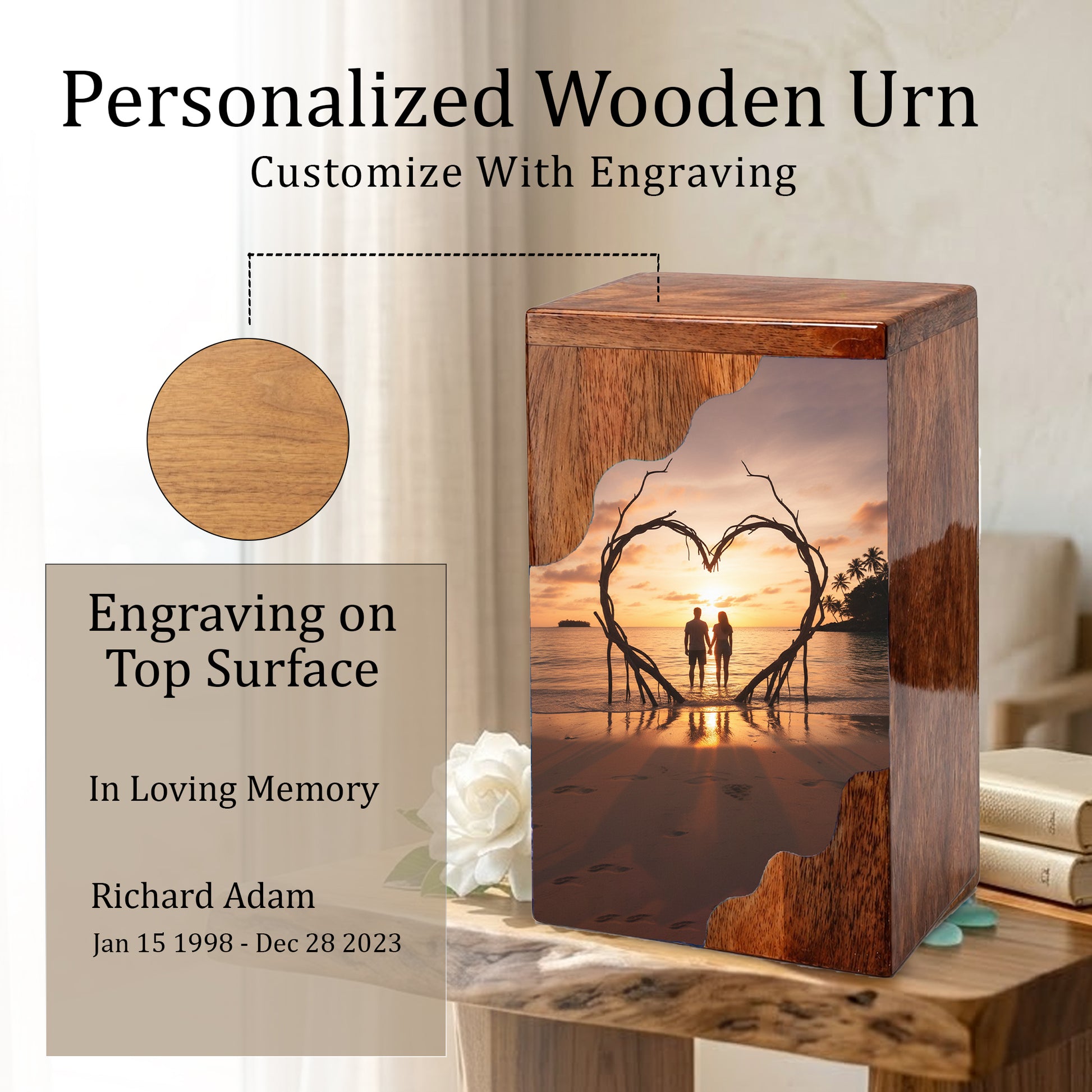 Wooden Cremation Urn – Romantic Sunset Memorial Urn Box for Human Ashes