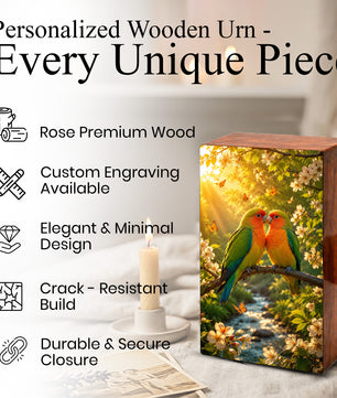 Love Bird Couple Cremation Urn – Companion Memorial Wooden Box for Ashes