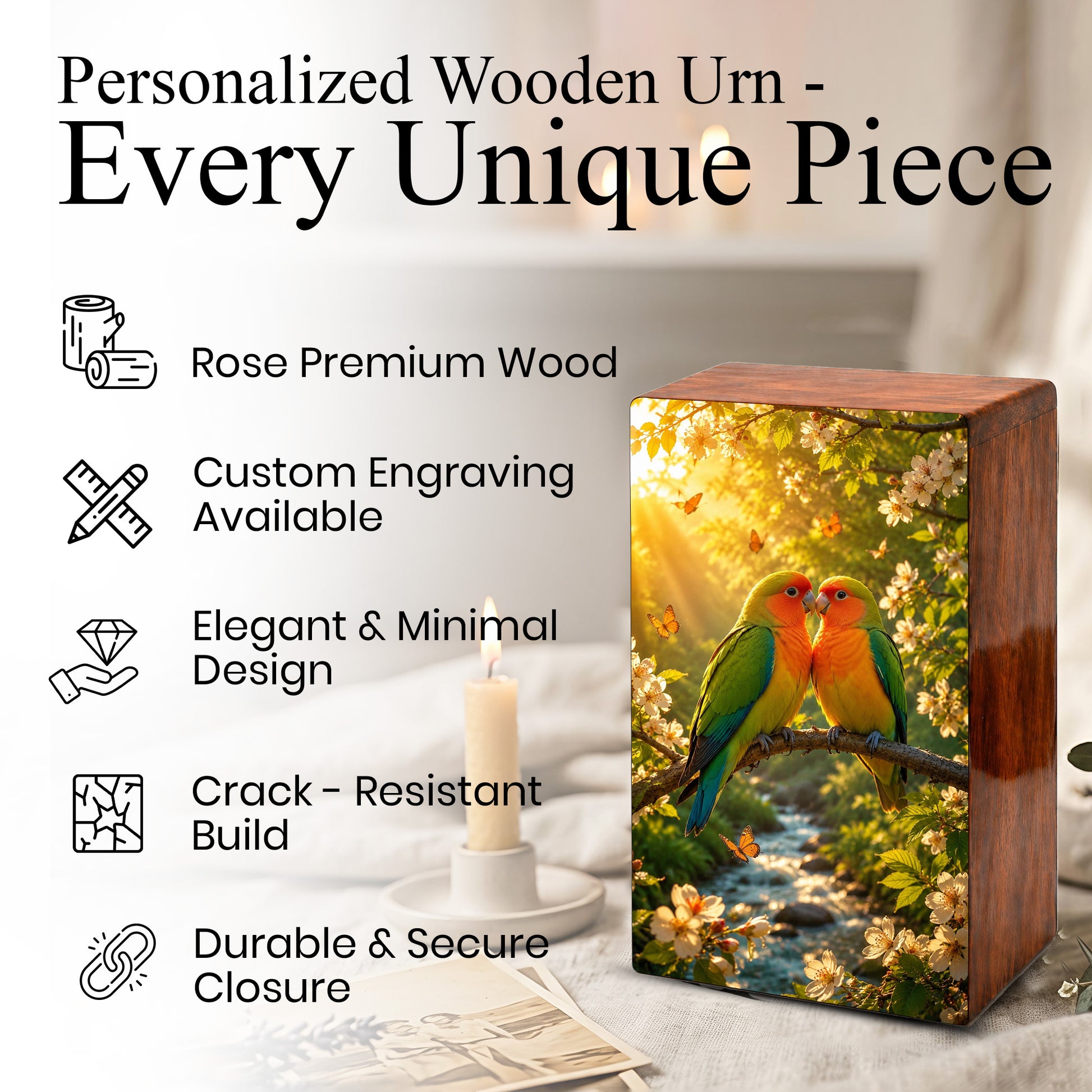 Love Bird Couple Cremation Urn – Companion Memorial Wooden Box for Ashes