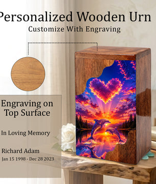 Dolphin Wooden Cremation Urn – Sunset Dolphin Memorial Urn with Heart Sky