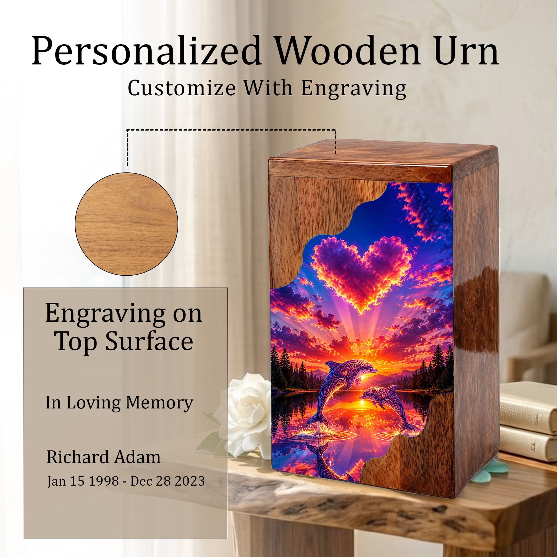 Dolphin Wooden Cremation Urn – Sunset Dolphin Memorial Urn with Heart Sky