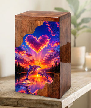 Dolphin Wooden Cremation Urn – Sunset Dolphin Memorial Urn with Heart Sky