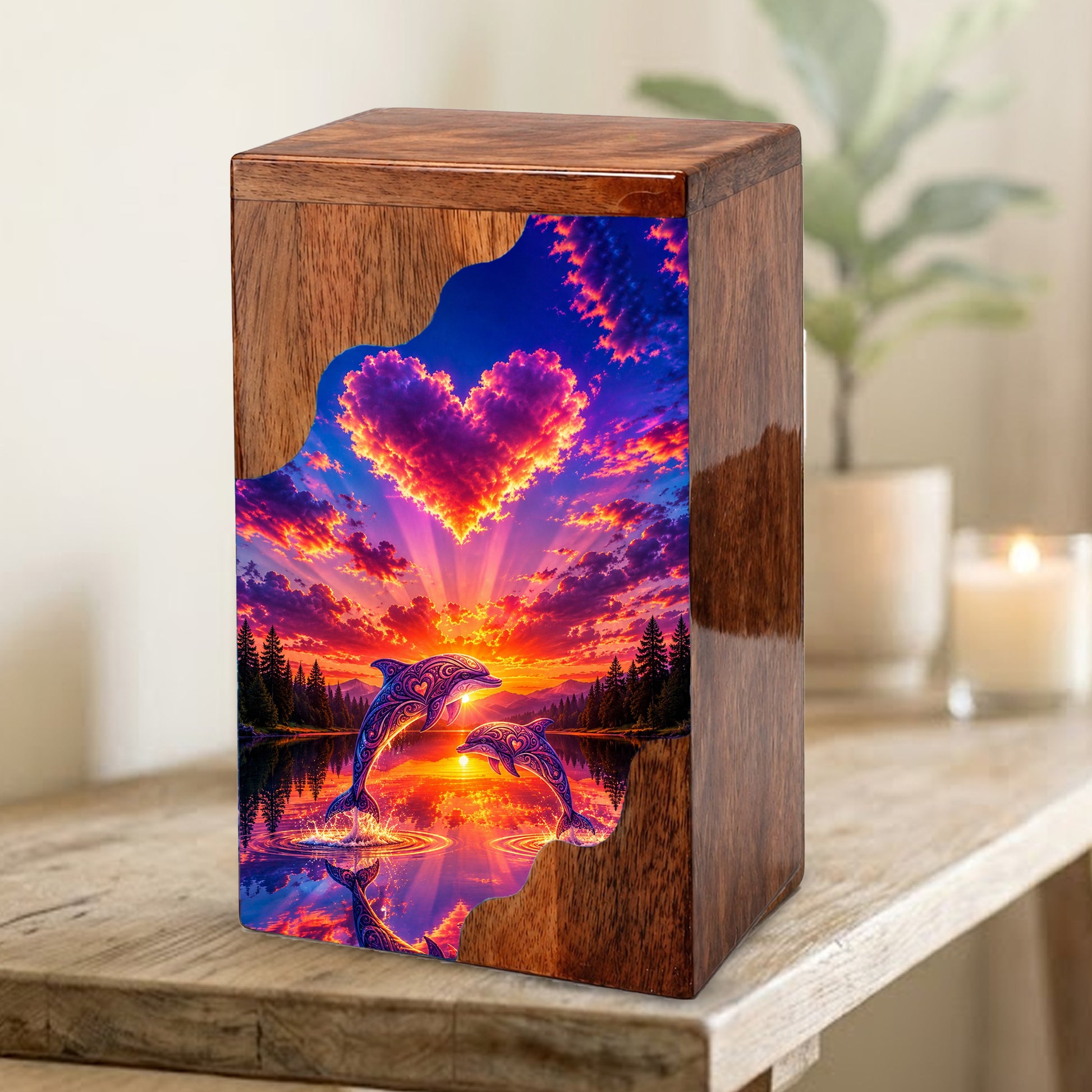 Dolphin Wooden Cremation Urn – Sunset Dolphin Memorial Urn with Heart Sky
