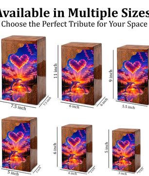 Dolphin Wooden Cremation Urn – Sunset Dolphin Memorial Urn with Heart Sky