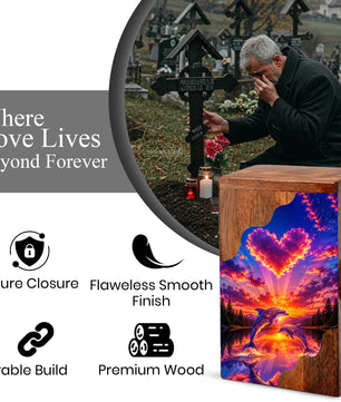 Dolphin Wooden Cremation Urn – Sunset Dolphin Memorial Urn with Heart Sky