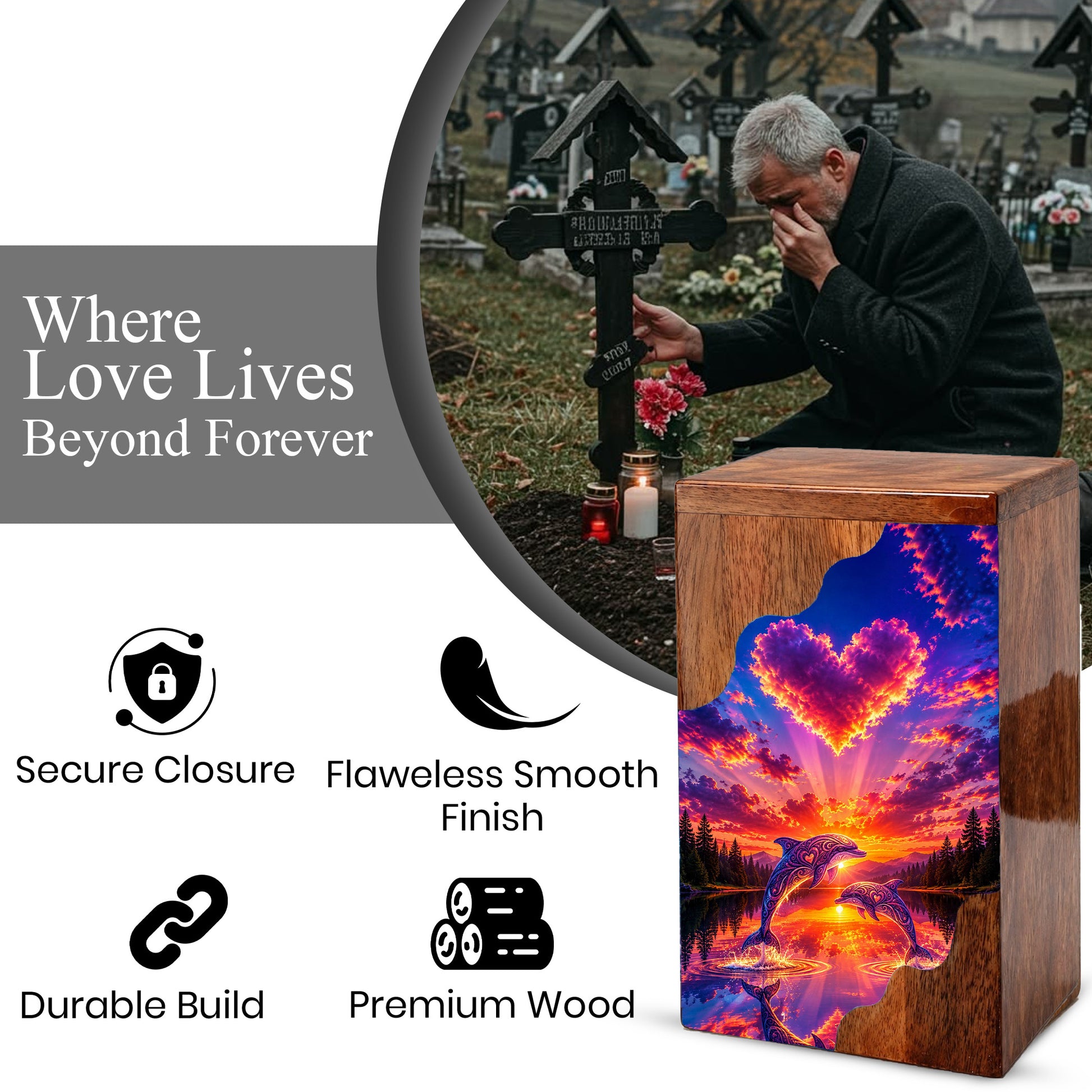 Dolphin Wooden Cremation Urn – Sunset Dolphin Memorial Urn with Heart Sky