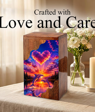 Dolphin Wooden Cremation Urn – Sunset Dolphin Memorial Urn with Heart Sky