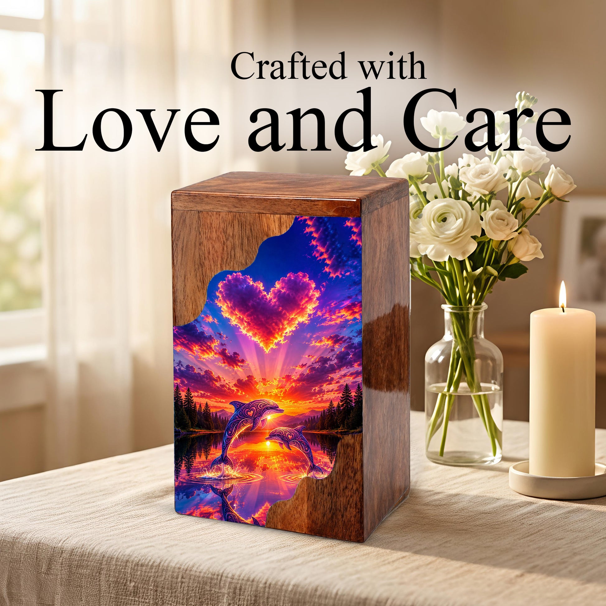 Dolphin Wooden Cremation Urn – Sunset Dolphin Memorial Urn with Heart Sky
