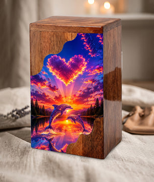 Dolphin Wooden Cremation Urn – Sunset Dolphin Memorial Urn with Heart Sky