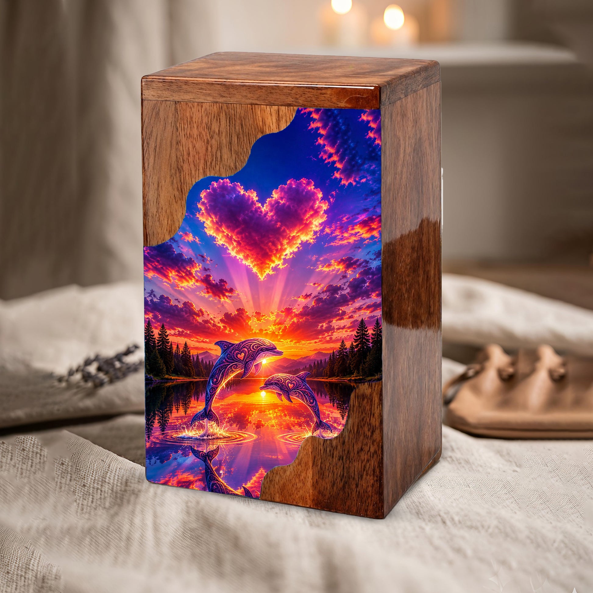 Dolphin Wooden Cremation Urn – Sunset Dolphin Memorial Urn with Heart Sky
