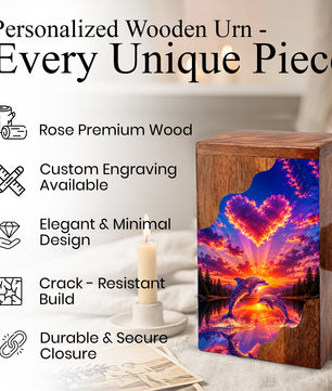 Dolphin Wooden Cremation Urn – Sunset Dolphin Memorial Urn with Heart Sky