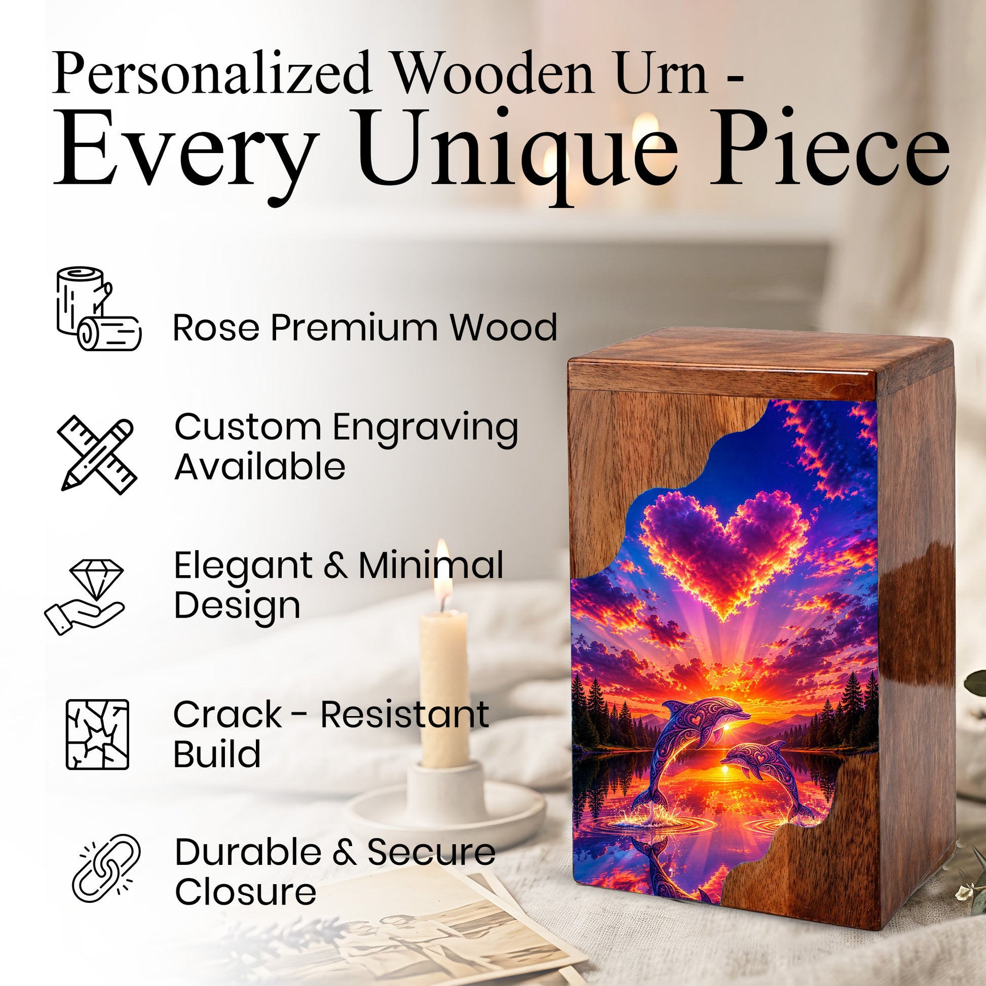 Dolphin Wooden Cremation Urn – Sunset Dolphin Memorial Urn with Heart Sky