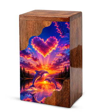 Dolphin Wooden Cremation Urn – Sunset Dolphin Memorial Urn with Heart Sky