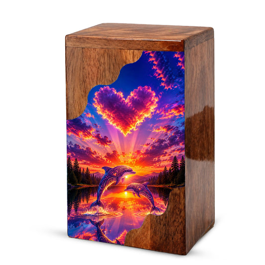 Dolphin Wooden Cremation Urn – Sunset Dolphin Memorial Urn with Heart Sky