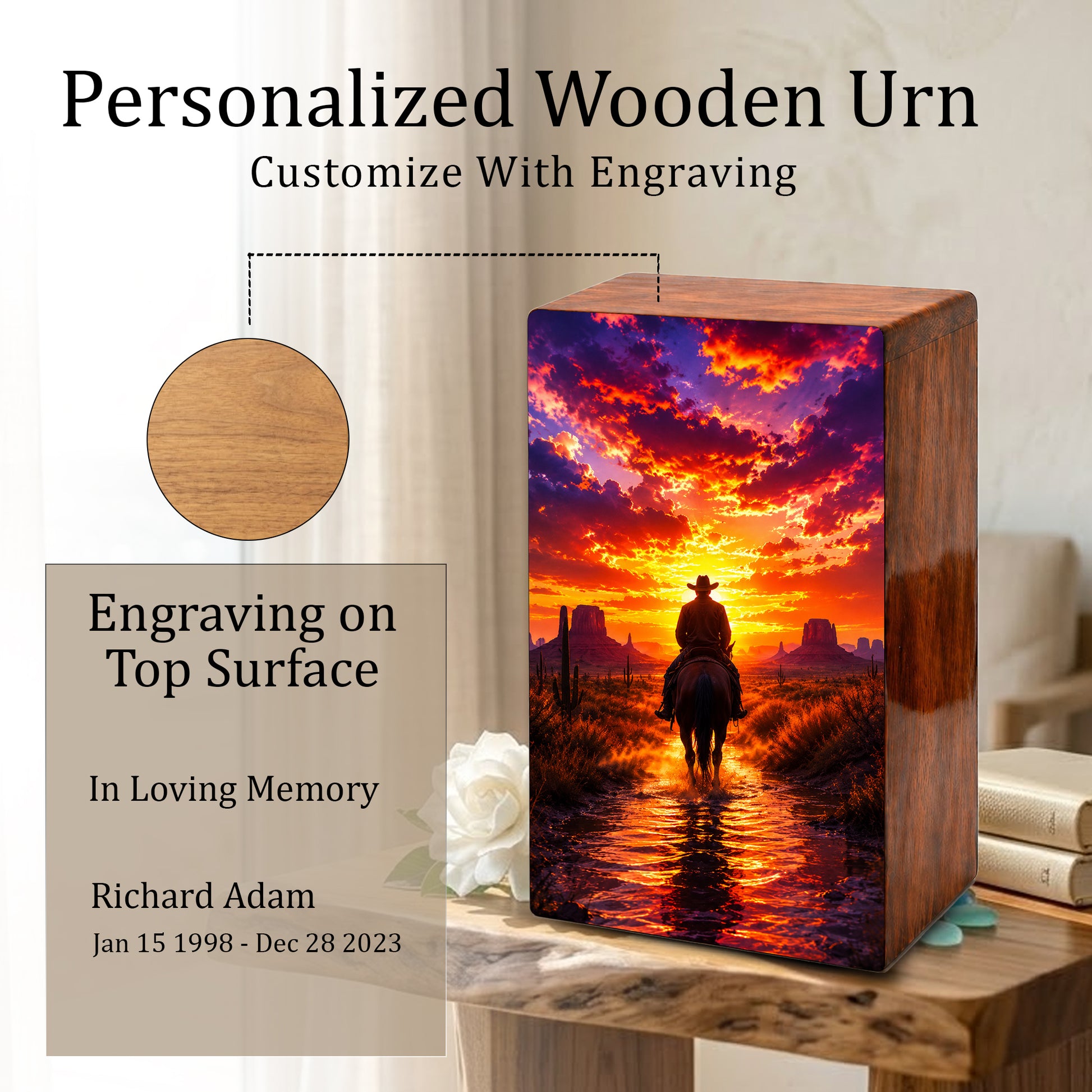 Cowboy Urn For Human Ashes Male Large - Western Cowboys Wooden Memorial Urns